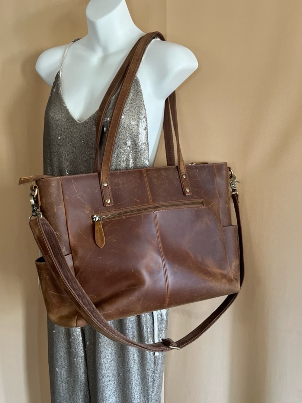 Classic Brown Leather Tote with Removable Strap